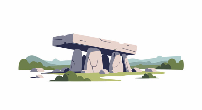 Ancient stone structure stands in a green landscape with rolling hills