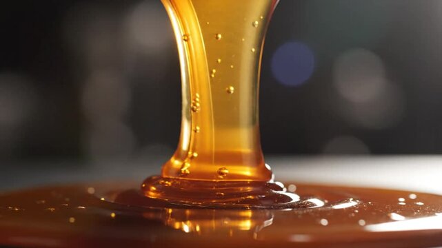 Close-up shot of golden syrup pouring and glistening, showcasing the viscosity and texture with bubbles