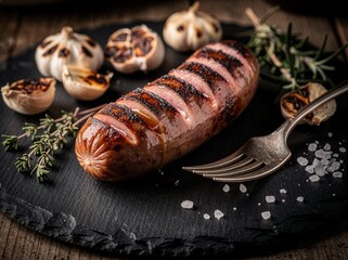 Zbliżenie  na soczystą, grillowaną kiełbasę z  przypieczonymi prążkami i nacięciami na czarnej płycie łupkowej. Wokół przypieczone ząbki czosnku, rozmaryn, sól i widelec © Monika