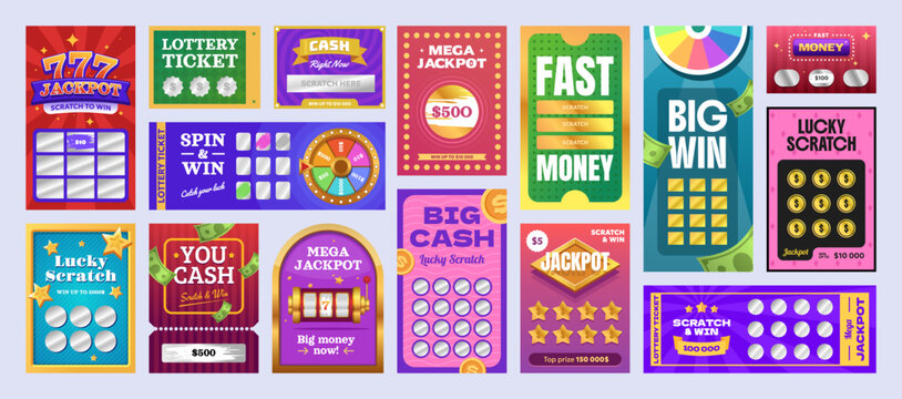 Colorful scratch card collection with jackpot and win themes