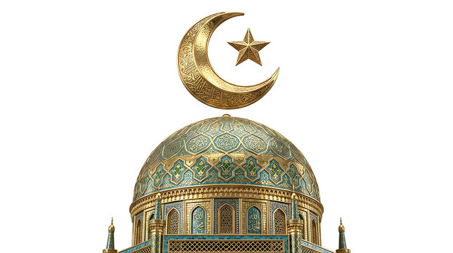 Ornate golden mosque dome featuring intricate blue mosaic tiles under a radiant metallic crescent moon symbol isolated on white background