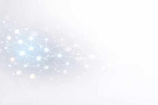 Abstract digital with interconnected lines and circles in white and light blue, creating a complex and harmonious network.