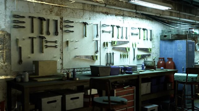 Organized tool bench with labeled tools, pegboard display of wrenches and screwdrivers, storage boxes and blue cabinet, stools and task light suggesting precise