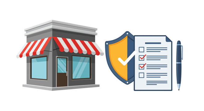 Small business insurance concept showing a shop building next to a document with checkmarks and a protective shield with a tick mark.
