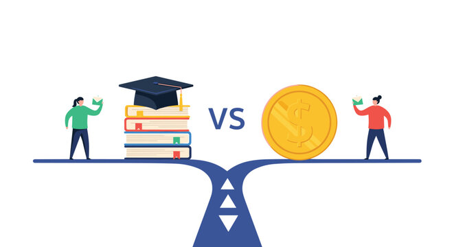 Career path decision between higher education and immediate earnings shown with people balancing books and a large gold coin on a road.