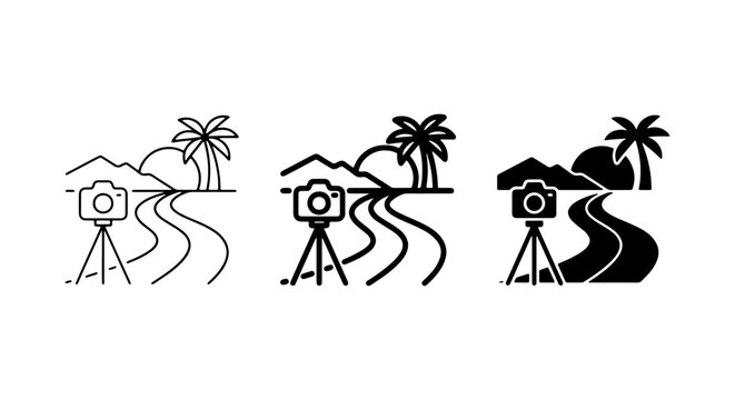 Set of 3 Camera Tripod Landscape Icons, Travel Photography Vector Elements, Outdoor Scenic Views