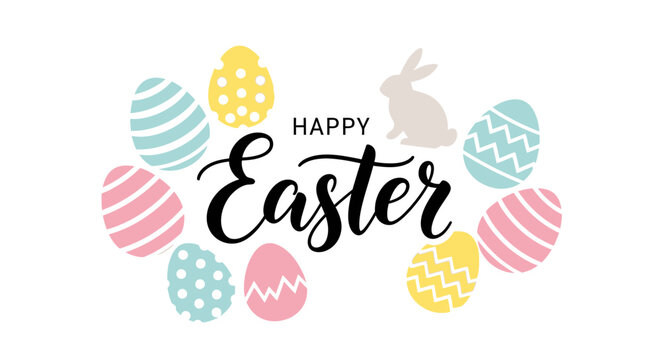 Happy Easter card with eggs, rabbit and calligraphy.