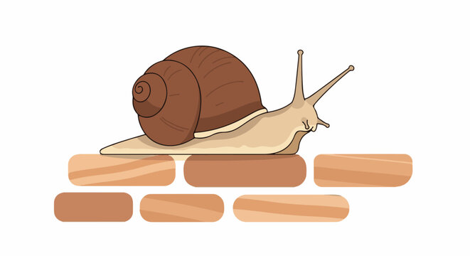 Cartoon snail slowly crawls across a brick wall