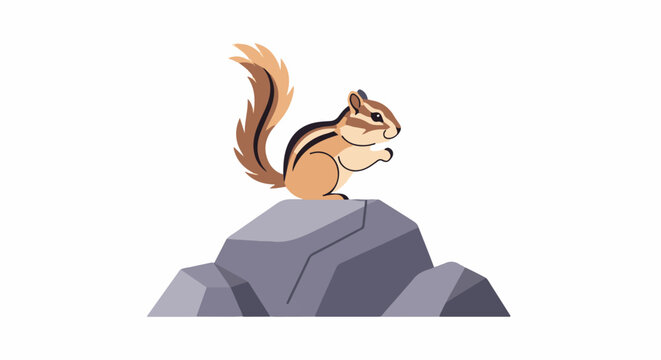 Cartoon chipmunk perched on grey rocks, tail raised