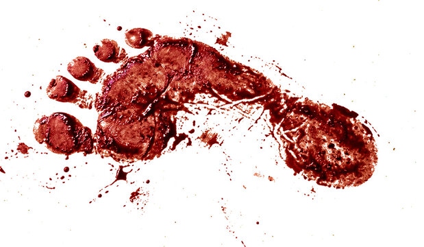 a single bright red human footprint stamped horizontally on a plain white background with minor paint splatters around it