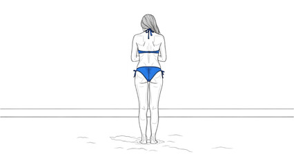 Woman in blue swimsuit stands on sandy beach with 2D CAD design © Stock Image Paradise