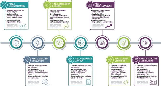 Process roadmap details eight distinct phases of business development ranging from strategy planning to evaluation and optimization.