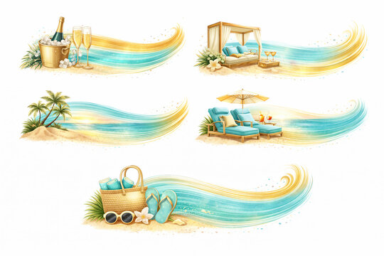 Tropical summer banner set with turquoise waves, golden sand, beach accessories, palm trees, lounge chairs and luxury vacation elements on white.