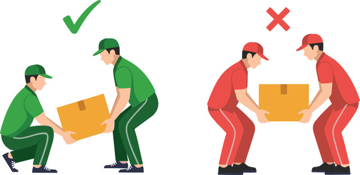 Proper and Improper Box Lifting Techniques Illustration for Workplace Safety and Manual Handling Training Concepts