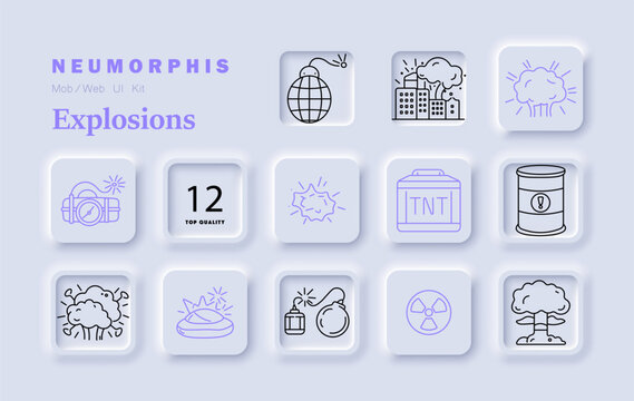 Explosions set icon. Bomb globe, city blast, smoke cloud, dynamite device, impact burst, TNT box, warning barrel, shockwave cloud, timed mine, grenade, radiation sign, mushroom cloud.