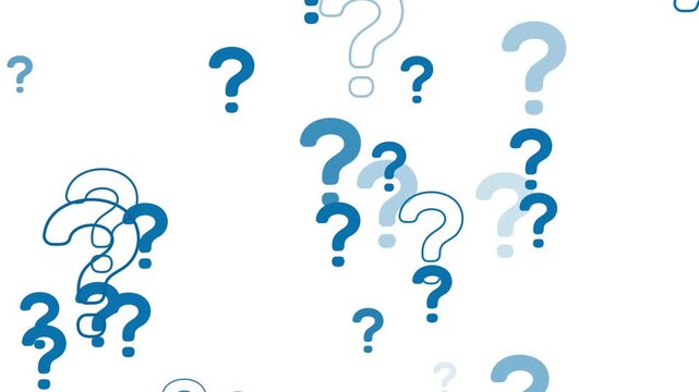 Animated blue question marks floating and flying forward in seamless loop. Clean flat line art mystery and FAQ symbols pattern on white