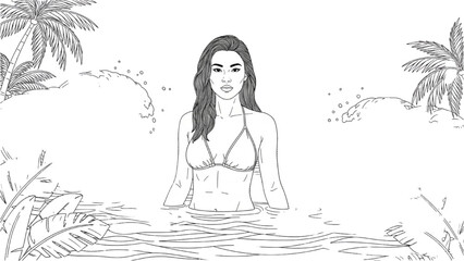 A woman in a bikini stands in water surrounded by 2D CAD designed tropical plants and palm trees. © Stock Image Paradise