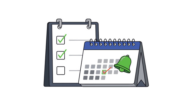 Time management and task planning concept featuring a clipboard checklist and a desk calendar with a ringing green notification bell.