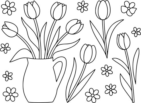 Black and white outline of tulips in a pitcher with small flowers