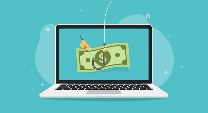 Online financial phishing and cyber scam concept showing a laptop screen with a dollar bill caught on a fishing hook with bait.