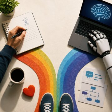 Creative technology workspace with AI laptop robotic hand notebook and workflow planning cards