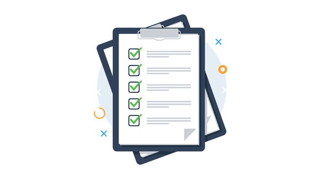 Daily tasks or planning concept showing a checklist clipboard with green marks and colorful decorative symbols.