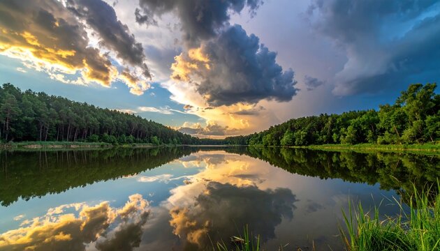 Serene lake reflects dramatic clouds and a forest, sunset hues