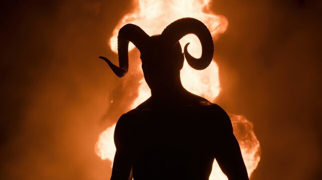 Silhouette of a horned demon or devil against a dramatic fiery background with smoke