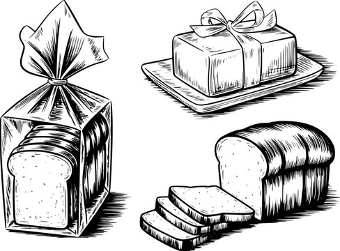 Hand-drawn black and white of sliced bread loaf, bagged bread, and butter white background
