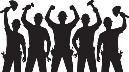 Fototapeta premium A group of workers in silhouette celebrating Labour Day with tools and hard hats. silhouette vector illustration