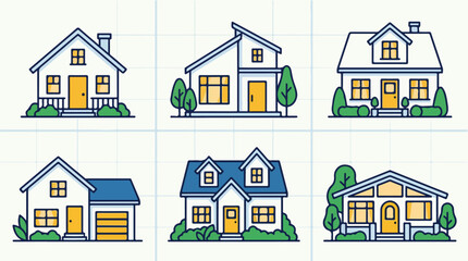 Fototapeta premium Collection of six modern suburban houses with different architectural styles and well-maintained yards