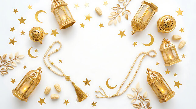 Elegant eid mubarak flat lay featuring golden lanterns crescent moons and traditional prayer beads on a pristine white background