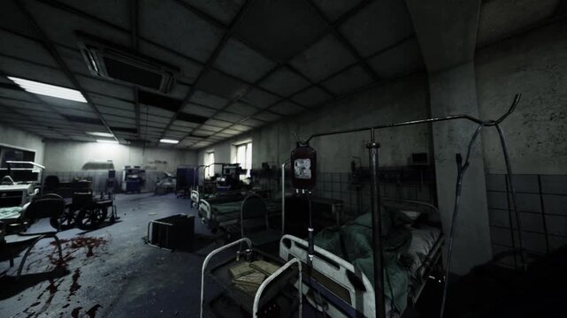 Abandoned recovery ward with scattered beds, empty oxygen stands and toppled carts, cool daylight through high windows creates documentary mood, scene reads