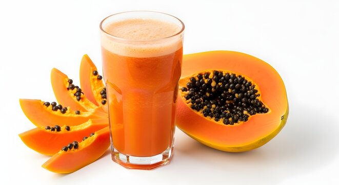 Jus pepaya segar dalam gelas dengan potongan buah latar belakang putih