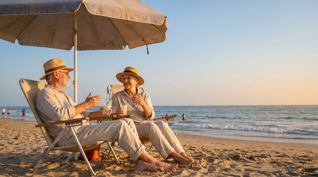 Senior couple enjoying a relaxing summer sunset on a beach while sitting in deck chairs under an umbrella and drinking refreshing beverages.
