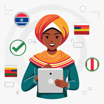 Woman learning languages on tablet with flags and checkmark