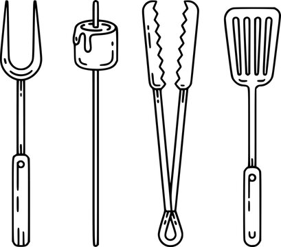 Line barbecue utensils: skewer, tongs, spatula, and marshmallow white background
