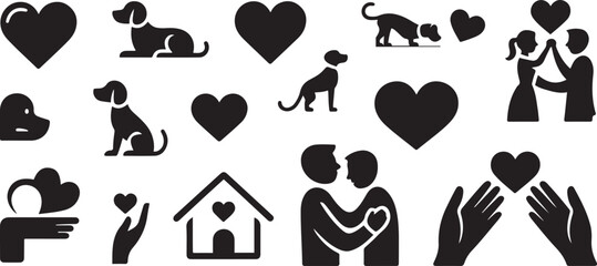 Fototapeta premium Collection of black silhouette icons depicting love and care including hearts dogs couple house and hands isolated silhouette vector illustration