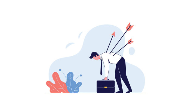 Businessman walking with multiple arrows in his back representing corporate betrayal or being a target of unfair competition and harsh criticism.