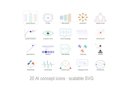 20 AI and Machine Learning Icons Set &mdash; Neural Network, Deep Learning, Automation, Data Science Vector Icons