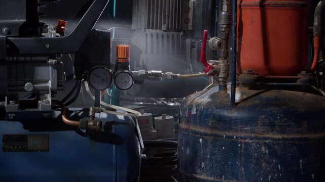 A pressure leaks with sparks and steam in the engine room. Camera shakes with the machines vibration