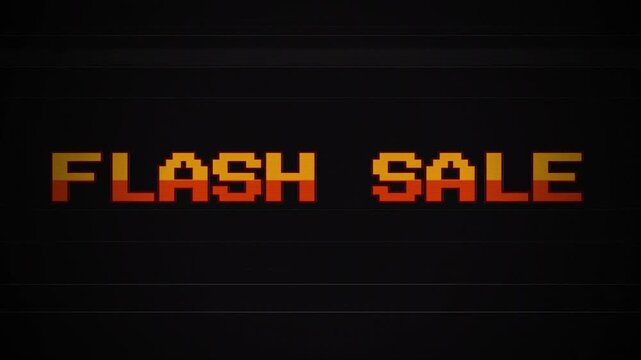 8-bit Flash Sale Text Animation with VHS Glitch Effect, Retro Arcade Pixel Art, Vintage TV Interference, Digital Distortion, 1980s Gaming Aesthetic 4k video
