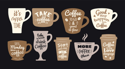 Naklejka premium Coffee lettering. Vector coffee cup quotes with hand drawn typography and cafe phrases in trendy recent style