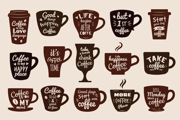 Fototapeta premium Coffee lettering. Vector set of coffee mugs with stylish text designs and modern cafe inspiration in recent mood