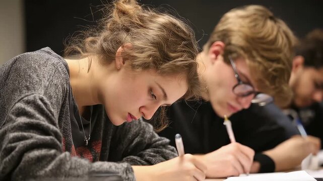 Students engage in an exam in a classroom during the afternoon in a school setting with focused expressions on their faces while writing on paper