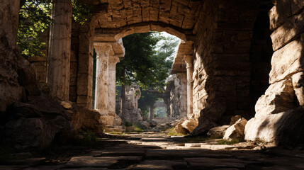Naklejka premium Ancient ruins bathed in sunlight, hinting at a forgotten past. The stone architecture, though weathered, still holds a sense of grandeur and mystery