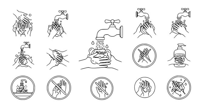 Set of hygiene icons showing hand washing with soap and water for health and safety education vector line art