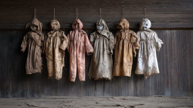 A row of creepy, old dolls hanging by strings in front of a wooden wall. Each doll has a unique, unsettling appearance