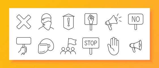 Fototapeta premium Protest activism set icon. Line icons depict cross mark, masked protester, warning sign, raised fist placard, megaphone, no sign, blank sign, helmet, crowd with flag, stop sign, raised hand