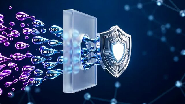 A liquid data stream transforming into secure shield with glowing code for cybersecurity and data protection